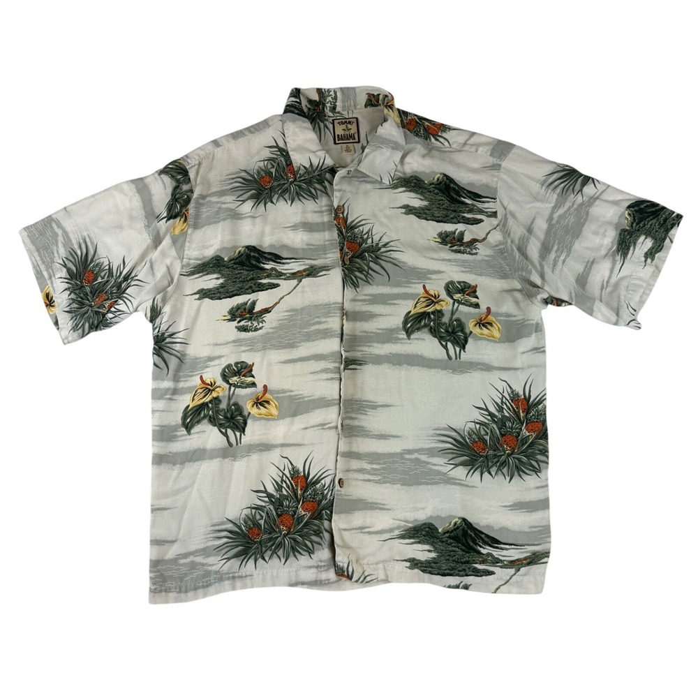 Tommy Bahama Camp Shirt Mens XL Gray Silk Tropical Pineapple Island Herringbone